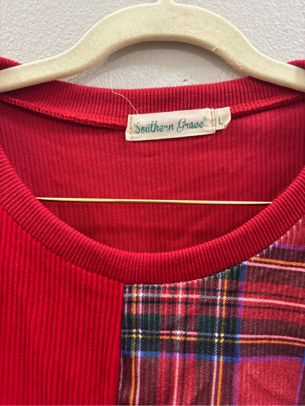 Southern Grace Red Patchwork Pullover with Plaid & Leopard - Picture 2 of 4